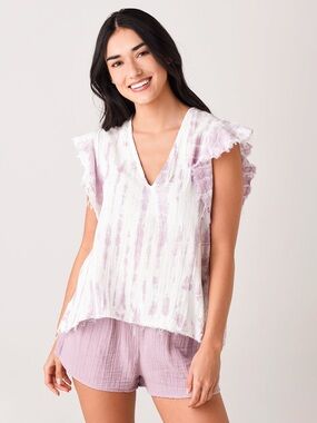Light Purple Tie-Dye V-Neck Ruffle Sleeve Top